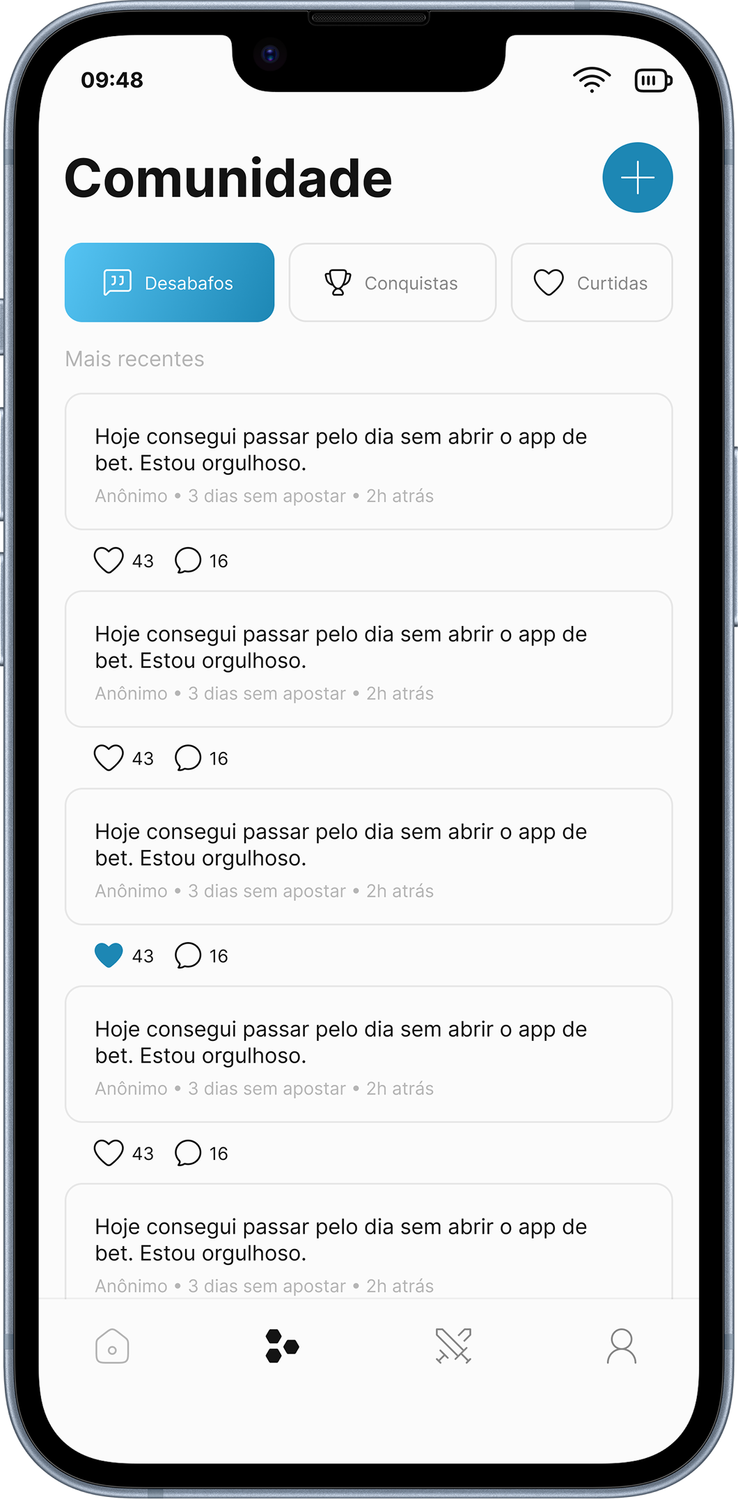 Tela Comunidade: feed anônimo de desabafos