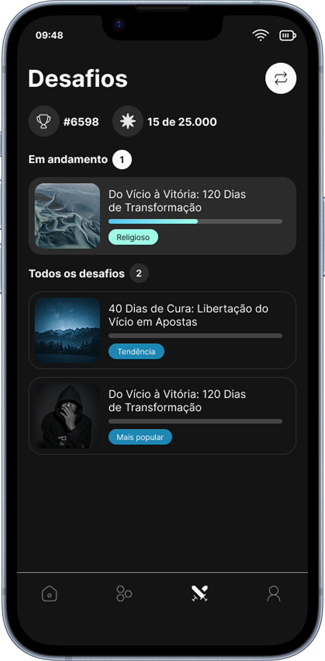 Tela Desafios com as jornadas em andamento