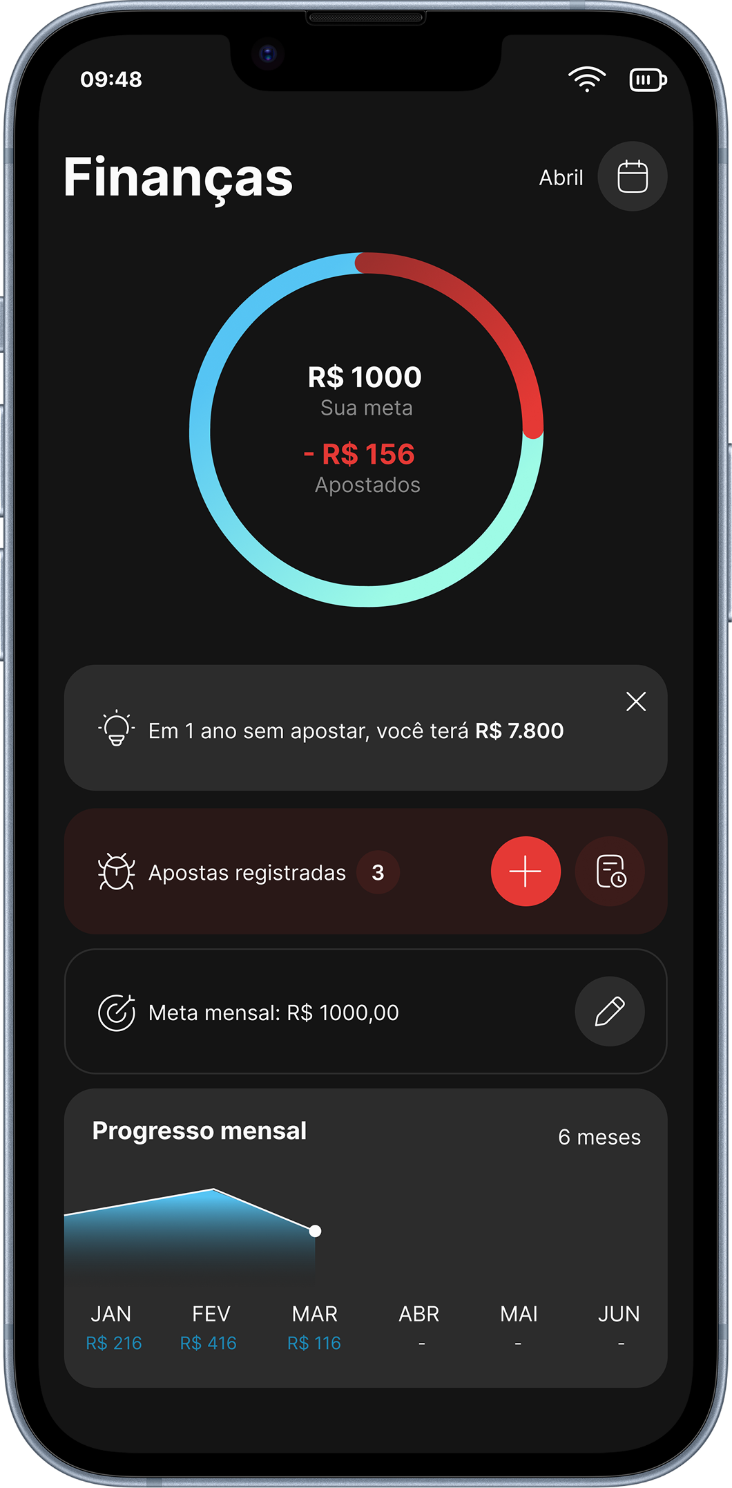 Tela Finanças com meta mensal e progresso de economia